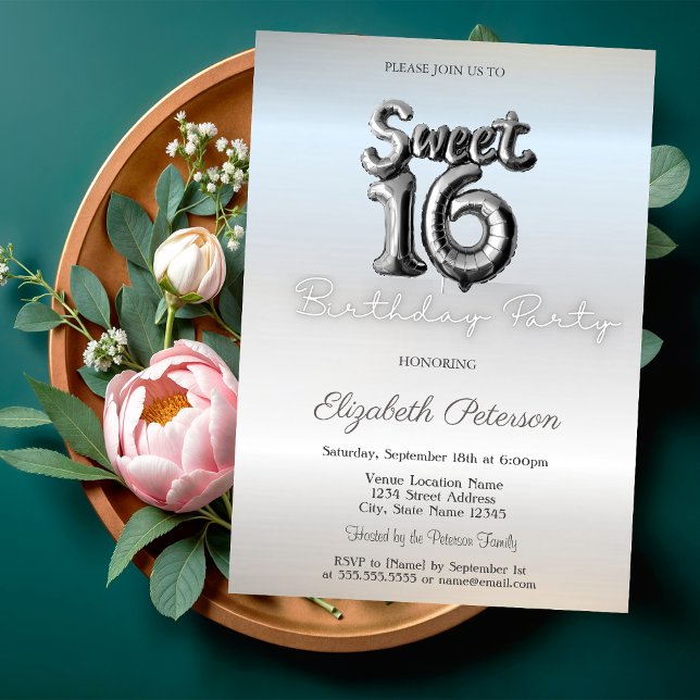 Modern Minimalist  Silver Balloon Sweet 16 Invitation (Creator Uploaded)