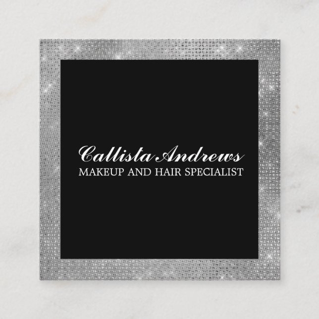 Modern Minimalist Silver Glitter Simple Makeup Square Business Card (Front)