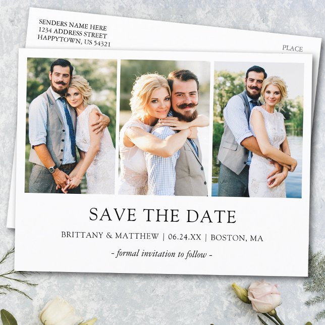 Modern Minimalist Simple 3 Photo Save the Date Postcard (Customize to change text size or text style.)