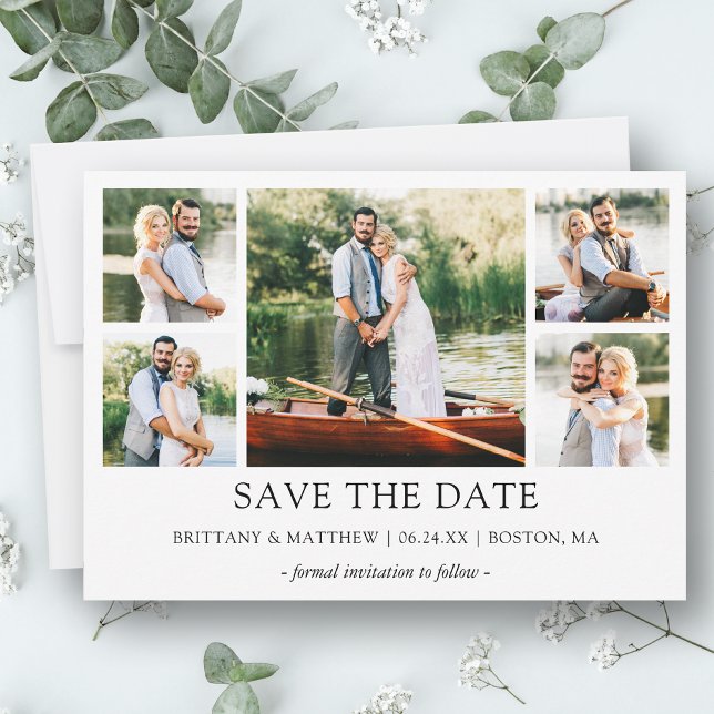 Modern Minimalist Simple 5 Photo Save The Date (Customize to change text size, style or to add more text & photos to back of card.)