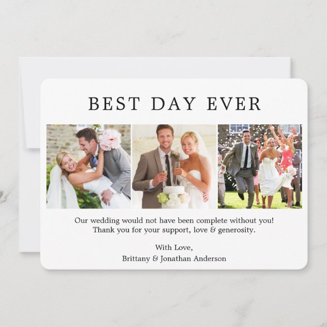 Modern Minimalist Simple Best Day Ever 3 Photo Thank You Card (Front)