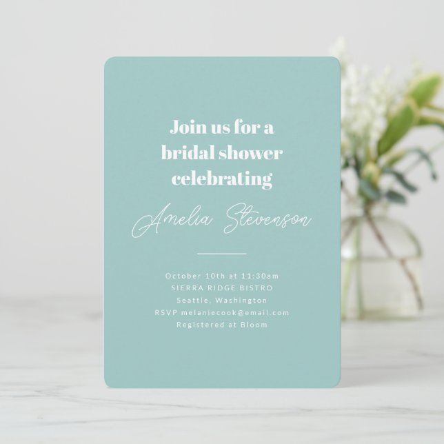 Modern Minimalist Simple Bridal Shower Aqua Blue Invitation (Standing Front)