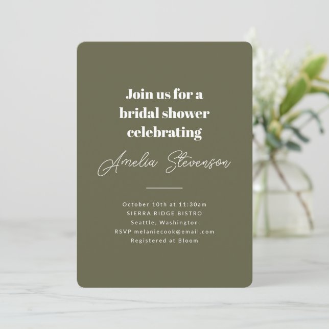 Modern Minimalist Simple Bridal Shower Olive Invitation (Standing Front)