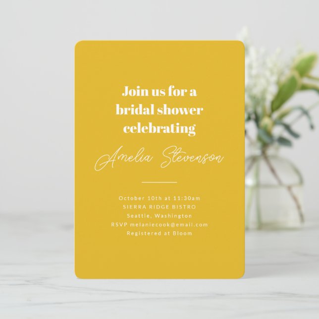 Modern Minimalist Simple Bridal Shower Yellow Invitation (Standing Front)