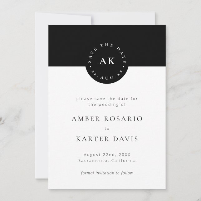 Modern Minimalist Simple Colour Block Black & Whit Save The Date (Front)