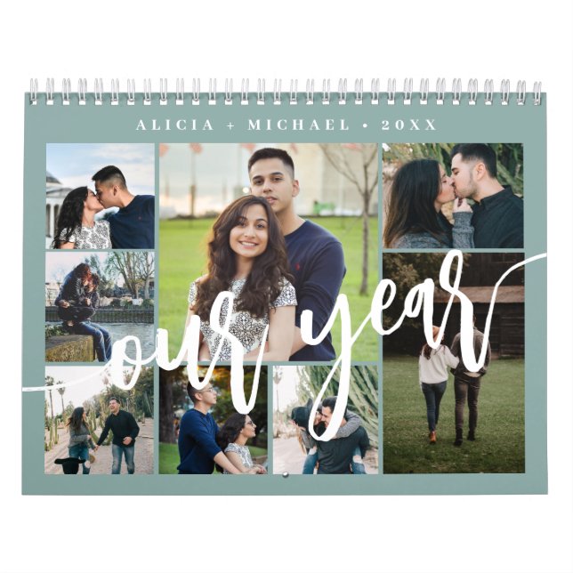 Modern minimalist simple dusty blue photo collage calendar (Cover)