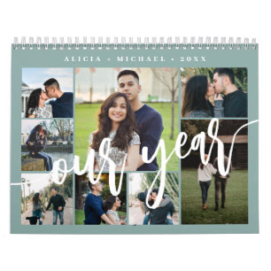 Modern minimalist simple dusty blue photo collage calendar