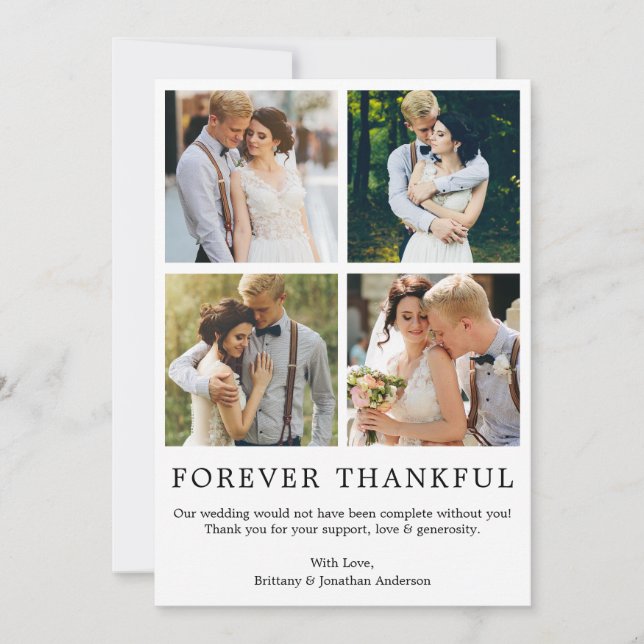 Modern Minimalist Simple Forever Thankful 4 Photo Thank You Card (Front)