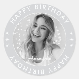 Modern Minimalist Simple Grey Happy Birthday Photo Classic Round Sticker