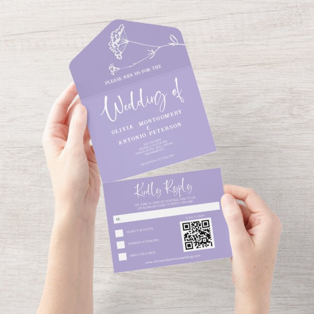 Modern Minimalist Simple Lavender Wedding QR Code All In One Invitation (Tearaway)