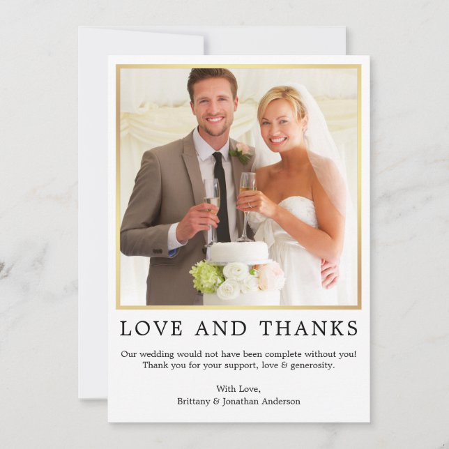 Modern Minimalist Simple Love Thanks Photo Gold Thank You Card (Front)