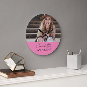 Modern Minimalist Simple Name Photo Pink Large Clock