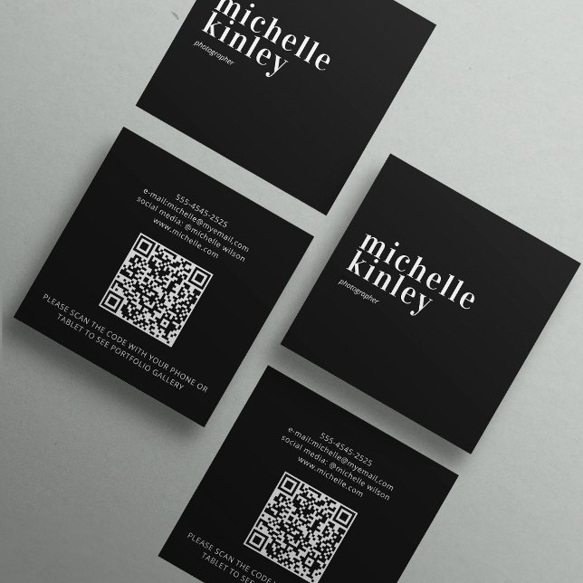 Modern minimalist simple QR code personal  black Square Business Card (Creator Uploaded)
