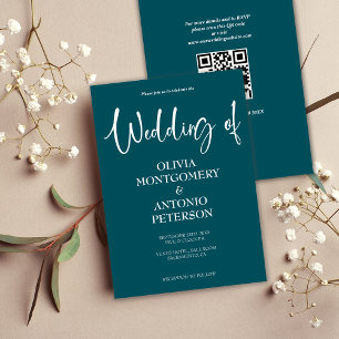 Modern Minimalist Simple QR Code Teal Wedding Invitation