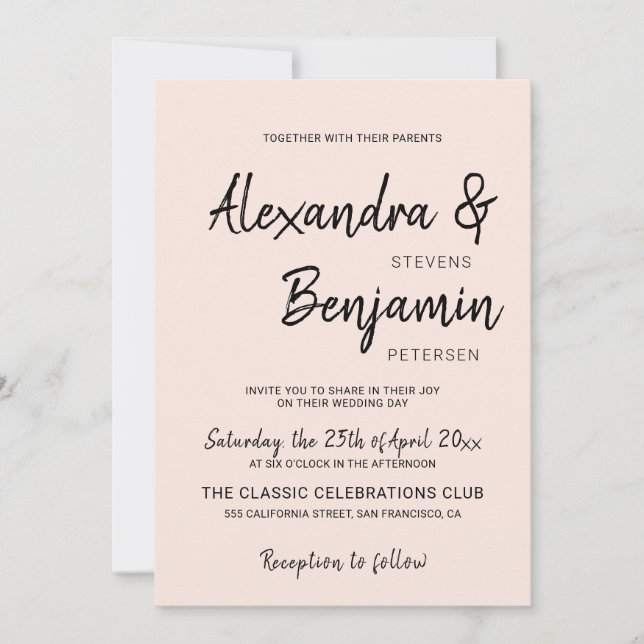 Modern minimalist simple script blush pink wedding invitation (Front)