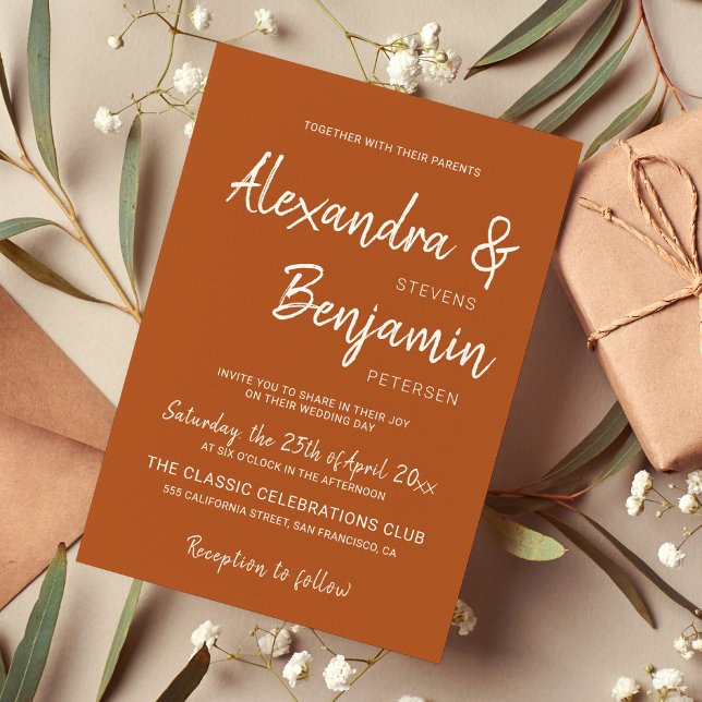 Modern minimalist simple script terracotta wedding invitation (Creator Uploaded)