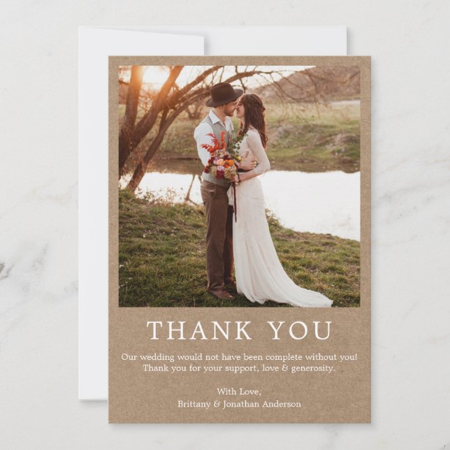 Modern Minimalist Simple Wedding Photo Kraft Thank You Card (Front)