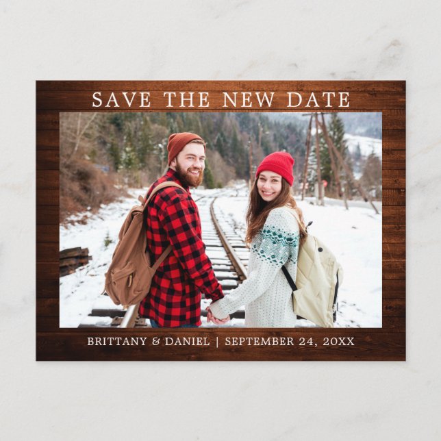 Modern Minimalist Simple Wood Save The New Date Postcard (Front)