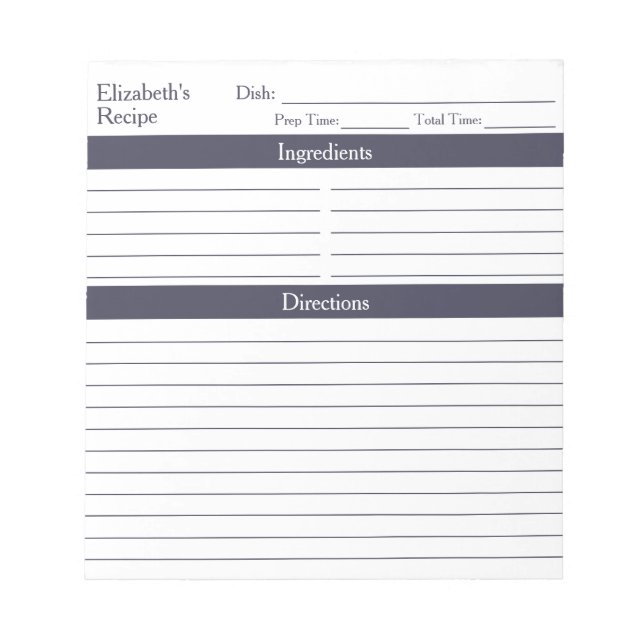 Modern Minimalist Slate Grey Personalised Recipes Notepad (Front)