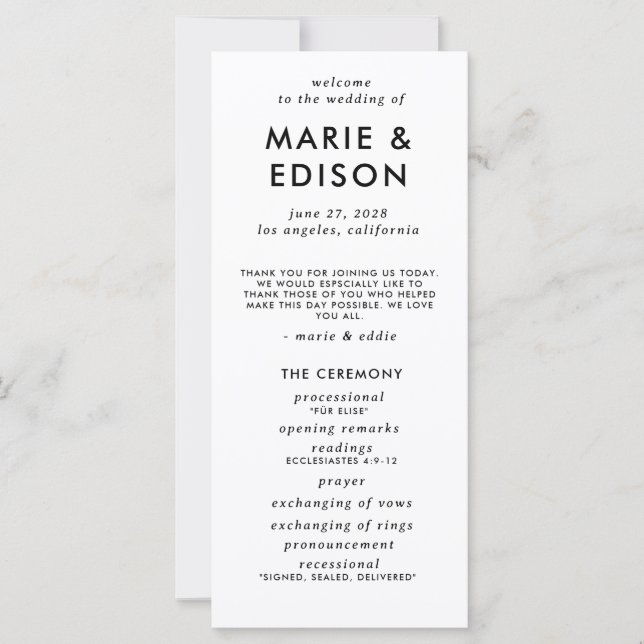 Modern Minimalist Sleek Simple Wedding Program (Front)