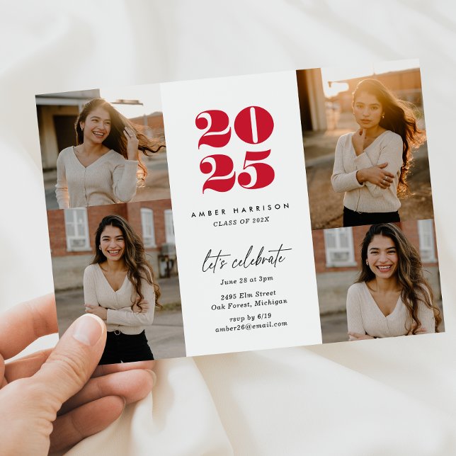 Modern Minimalist Soaring Grad | Red White Photo Invitation (Modern Minimalist Soaring Grad | Red + White Photo Invitation)