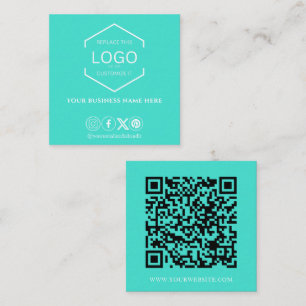 Modern Minimalist Social Media QR Code Turquoise Square Business Card
