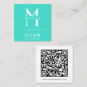 Modern Minimalist Social Media QR Code Turquoise Square Business Card