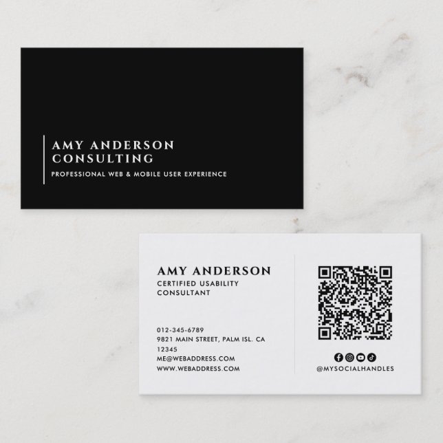 Modern Minimalist Socials & QR Code Business Card (Front/Back)