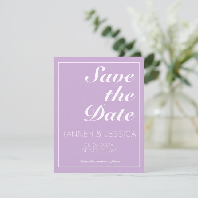Modern Minimalist Soft Purple & White  Save The Date (Standing Front)
