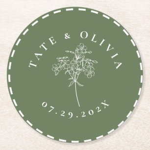Modern Minimalist Stitched Edge Botanical  Round Paper Coaster