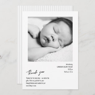 Modern Minimalist Stripe Baby Photo Birth Arrival Thank You Card