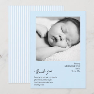 Modern Minimalist Stripe Baby Photo Blue Birth Thank You Card
