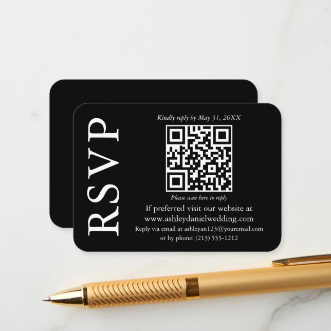 Modern Minimalist Stylish QR Wedding Black RSVP Enclosure Card (Front/Back In Situ)