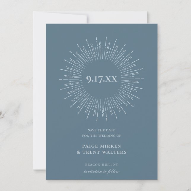 Modern Minimalist Sunburst Blue Save the Date Announcement (Front)