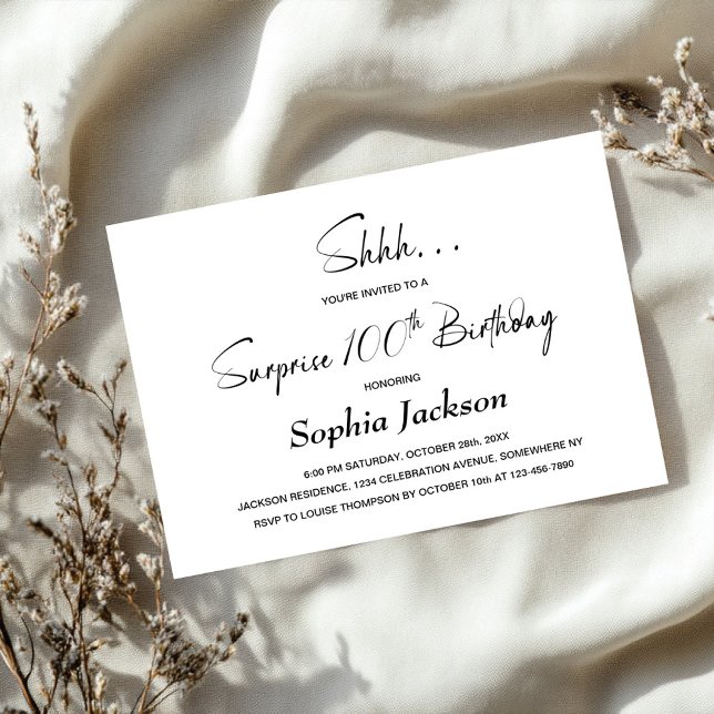 Modern Minimalist Surprise 100th Birthday Party Invitation (Creator Uploaded)