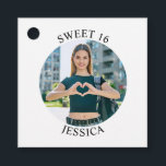 Modern Minimalist Sweet 16 Birthday Circle Photo Favour Tags<br><div class="desc">Create your own personalised white border round photo square favour tag for your her 16th birthday. Customise the solid white background colour or the black text colour to match your photo. If you change the font type or size, you can fine tune the curvature of the text in small increments....</div>