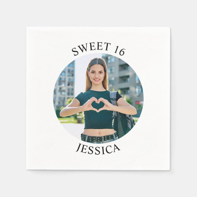 Modern Minimalist Sweet 16 Birthday Circle Photo Napkin (Front)