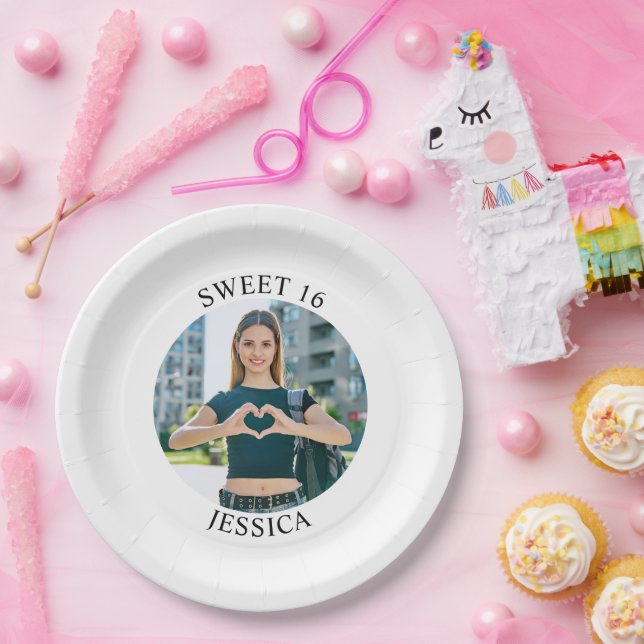 Modern Minimalist Sweet 16 Birthday Circle Photo Paper Plate (Party)