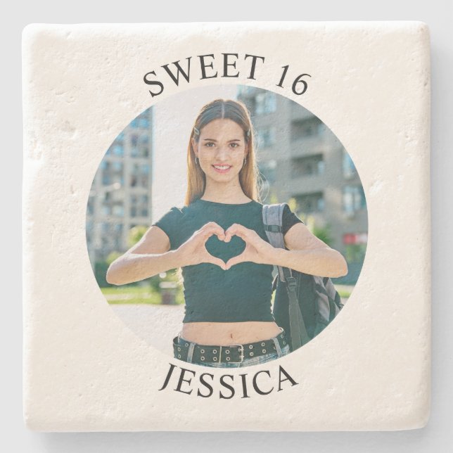 Modern Minimalist Sweet 16 Birthday Circle Photo Stone Coaster (Front)