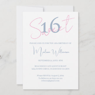 Modern Minimalist Sweet 16 Blue White Birthday Invitation