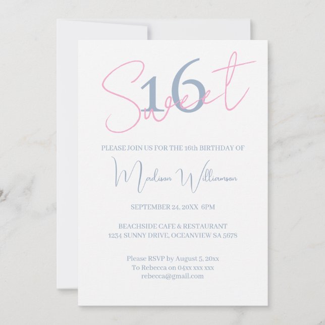 Modern Minimalist Sweet 16 Blue White Birthday Invitation (Front)