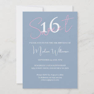 Modern Minimalist Sweet 16 Pink Blue Birthday Invitation