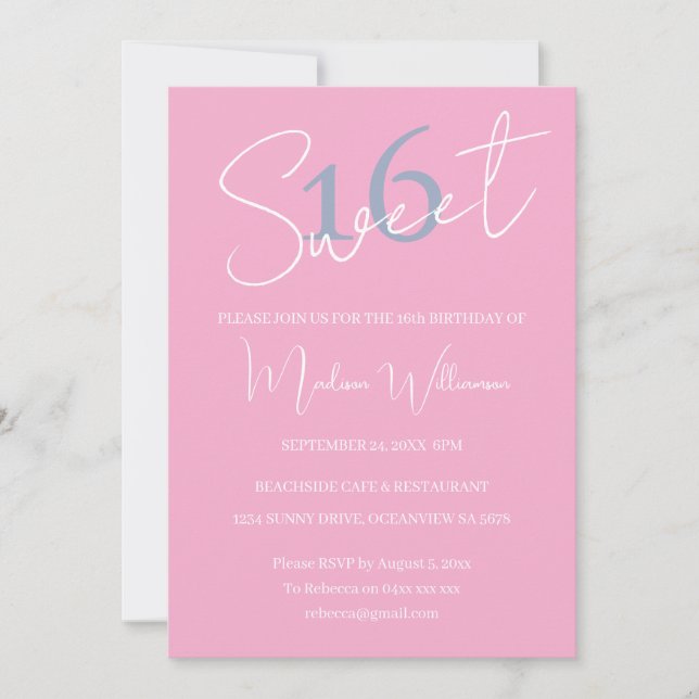 Modern Minimalist Sweet 16 Pink Blue Birthday  Invitation (Front)