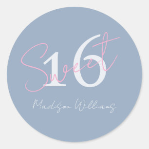 Modern Minimalist Sweet 16th Pink Blue Birthday Classic Round Sticker