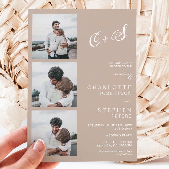Modern minimalist tan sand initials photo wedding invitation (Creator Uploaded)