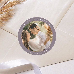 Modern Minimalist Taupe Grey Neutral Wedding Photo Classic Round Sticker