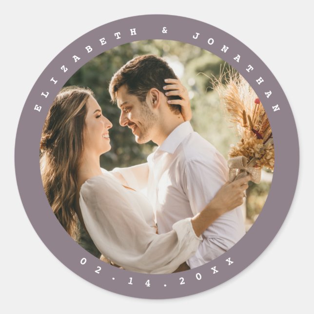 Modern Minimalist Taupe Grey Neutral Wedding Photo Classic Round Sticker (Front)
