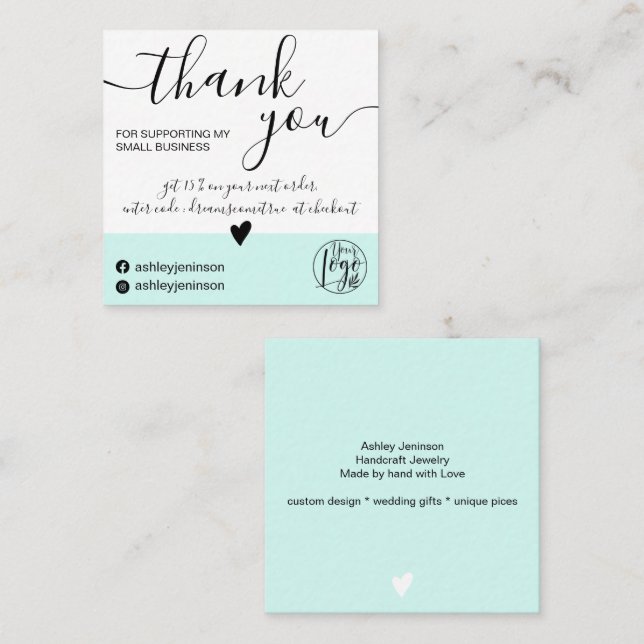 Modern minimalist teal blue block order thank you square business card (Front/Back)