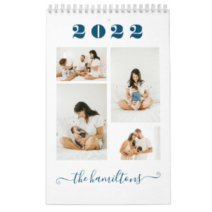  Modern Minimalist Teal Blue Family Photo New Year Calendar