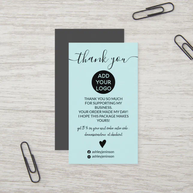 Modern minimalist teal blue order thank you business card | Zazzle